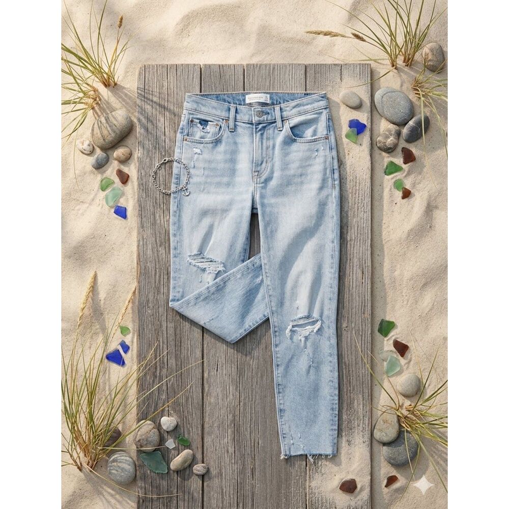 Abercrombie Boyfriend Jeans Womens 25 0 Blue Mid Rise Distressed Raw Hem